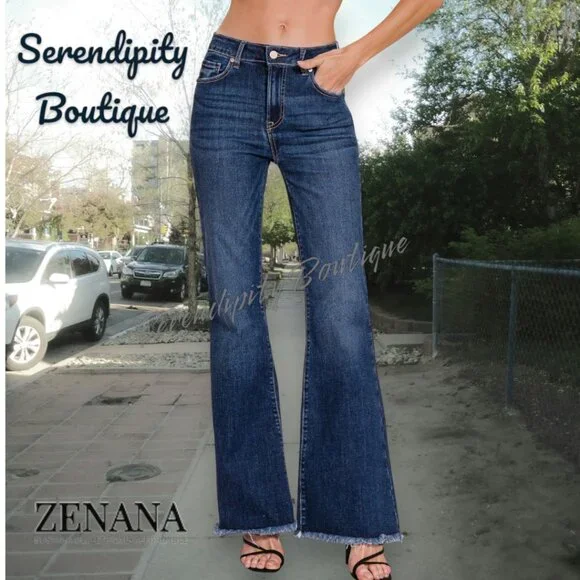 Zenana Super Stretch High Rise Bell Bottom Retro 70s Dark Wash Jeans - Picture 7 of 16